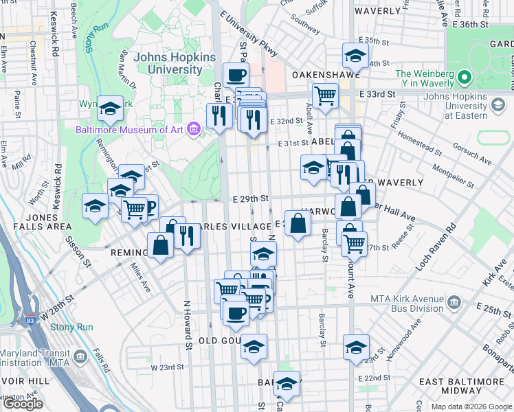 map of restaurants, bars, coffee shops, grocery stores, and more near 2833 St Paul St in Baltimore