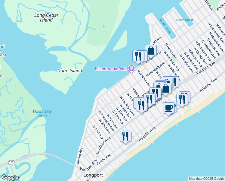 map of restaurants, bars, coffee shops, grocery stores, and more near 212 North 36th Avenue in Longport