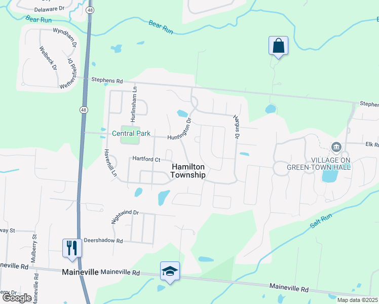 map of restaurants, bars, coffee shops, grocery stores, and more near 7800 Highbrook Drive in Maineville