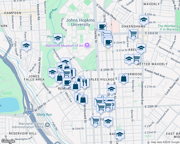 map of restaurants, bars, coffee shops, grocery stores, and more near 101 West 29th Street in Baltimore