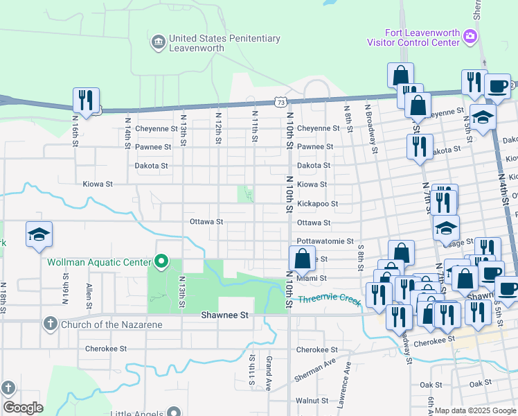 map of restaurants, bars, coffee shops, grocery stores, and more near 603 North 11th Street in Leavenworth
