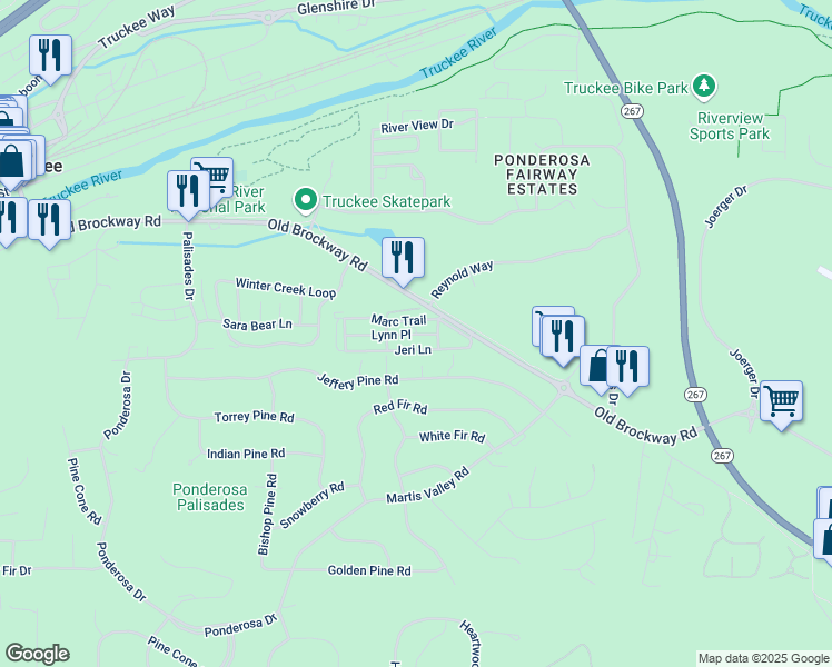 map of restaurants, bars, coffee shops, grocery stores, and more near 11070 Brockway Road in Truckee
