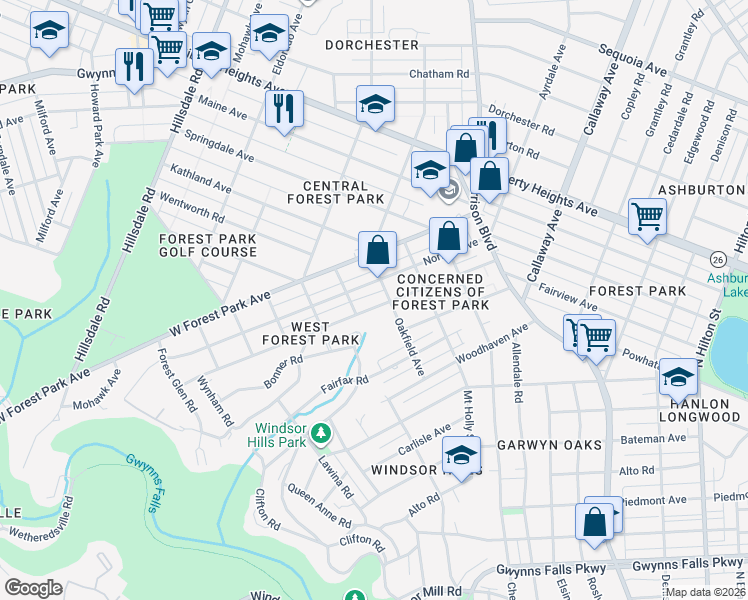 map of restaurants, bars, coffee shops, grocery stores, and more near 4114 Fairview Avenue in Baltimore