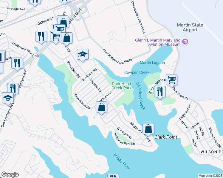 map of restaurants, bars, coffee shops, grocery stores, and more near 2237 Graythorn Road in Middle River