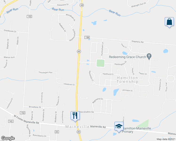 map of restaurants, bars, coffee shops, grocery stores, and more near 7529 Haverhill Lane in Maineville