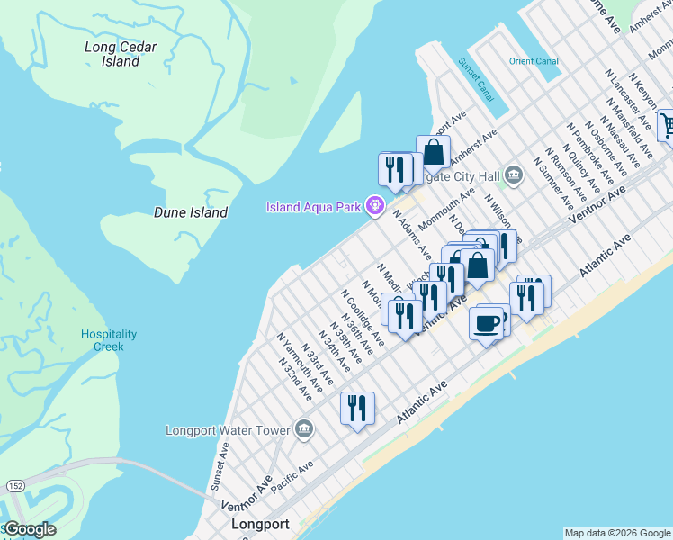 map of restaurants, bars, coffee shops, grocery stores, and more near 9712 Monmouth Avenue in Margate City