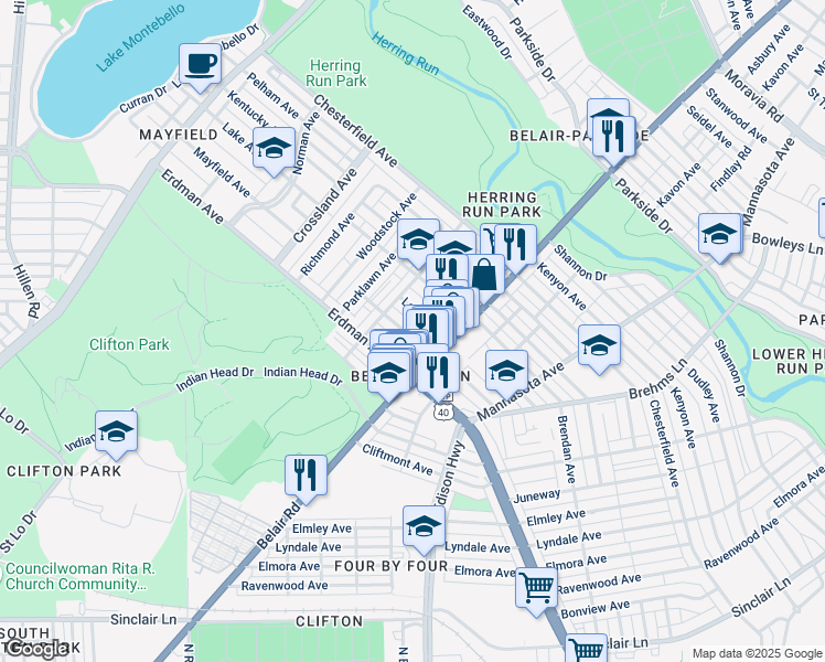 map of restaurants, bars, coffee shops, grocery stores, and more near 2842 Mayfield Avenue in Baltimore