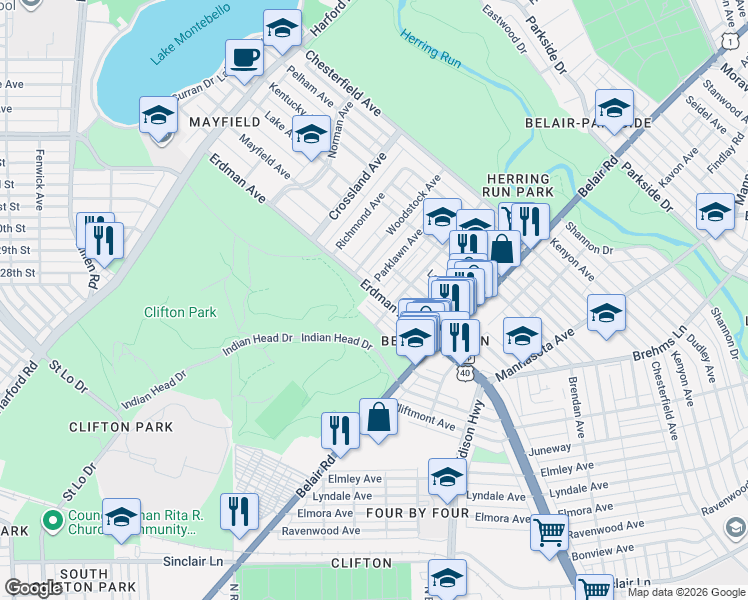map of restaurants, bars, coffee shops, grocery stores, and more near 2811 Erdman Avenue in Baltimore