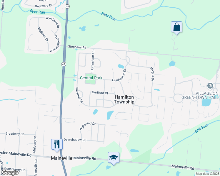 map of restaurants, bars, coffee shops, grocery stores, and more near 7420 Heaton Circle in Maineville