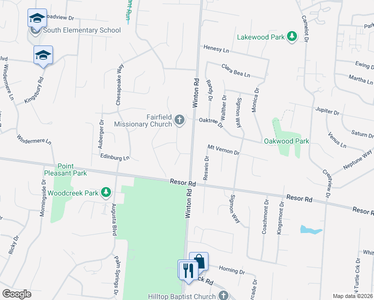 map of restaurants, bars, coffee shops, grocery stores, and more near 5731 Winton Road in Fairfield