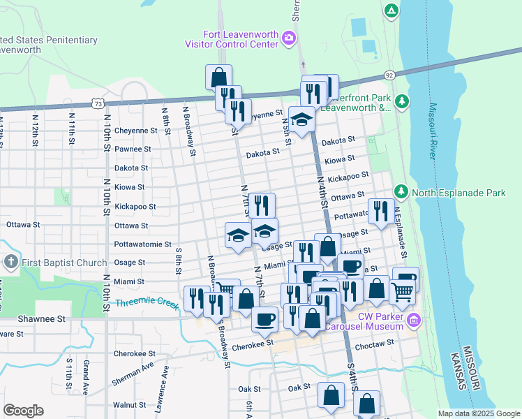 map of restaurants, bars, coffee shops, grocery stores, and more near 614 Pottawatomie Street in Leavenworth