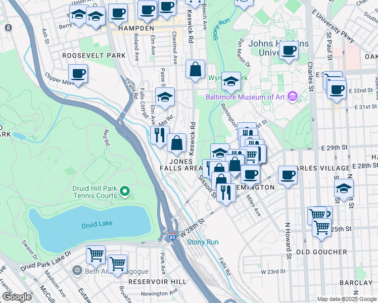 map of restaurants, bars, coffee shops, grocery stores, and more near 2934 Keswick Road in Baltimore