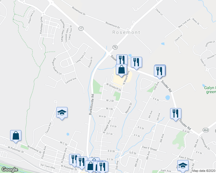 map of restaurants, bars, coffee shops, grocery stores, and more near 122 West Orndorff Drive in Brunswick