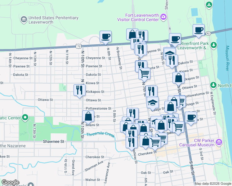 map of restaurants, bars, coffee shops, grocery stores, and more near 777 Kickapoo Street in Leavenworth
