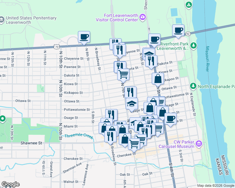 map of restaurants, bars, coffee shops, grocery stores, and more near 720 Ottawa Street in Leavenworth