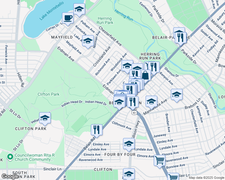 map of restaurants, bars, coffee shops, grocery stores, and more near 3306 Cardenas Avenue in Baltimore