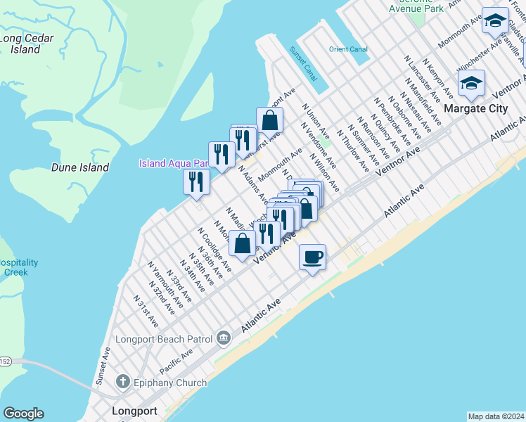 map of restaurants, bars, coffee shops, grocery stores, and more near 9505 Winchester Avenue in Margate City