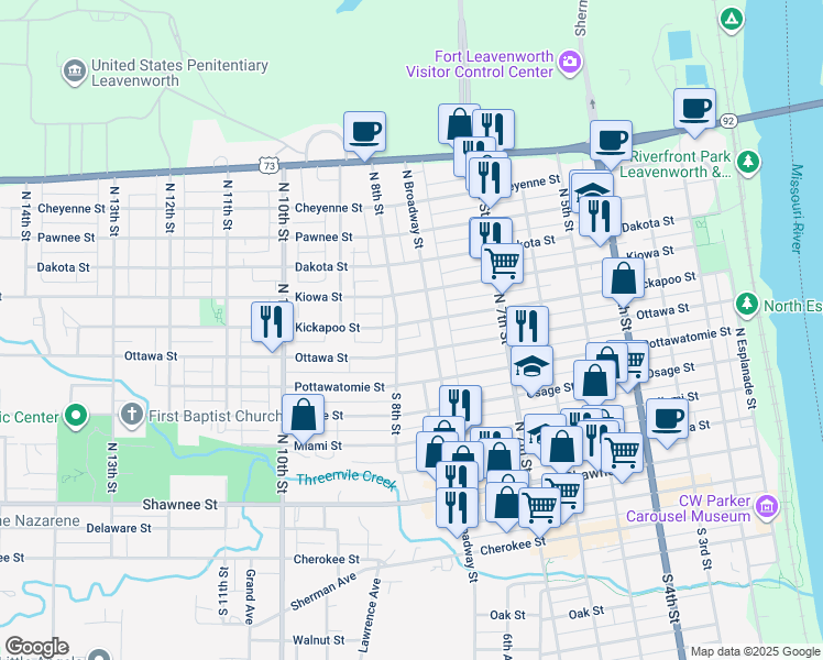 map of restaurants, bars, coffee shops, grocery stores, and more near 769 Kickapoo Street in Leavenworth