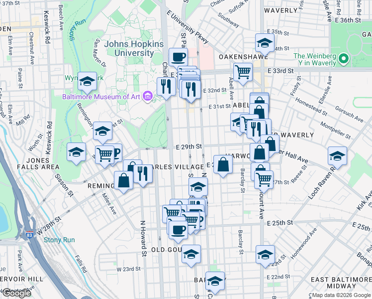 map of restaurants, bars, coffee shops, grocery stores, and more near 2842 Saint Paul Street in Baltimore