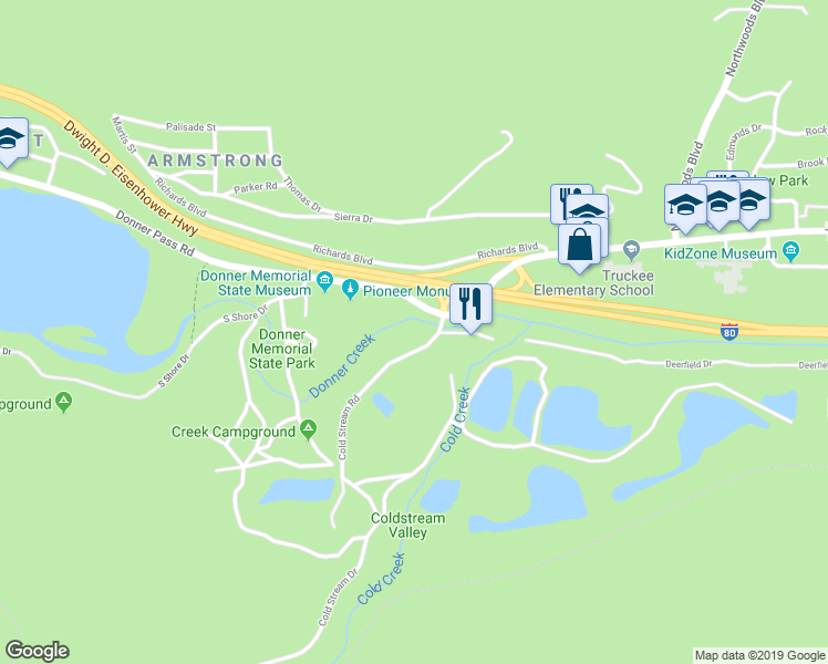 map of restaurants, bars, coffee shops, grocery stores, and more near 10527 Cold Stream Rd in Truckee