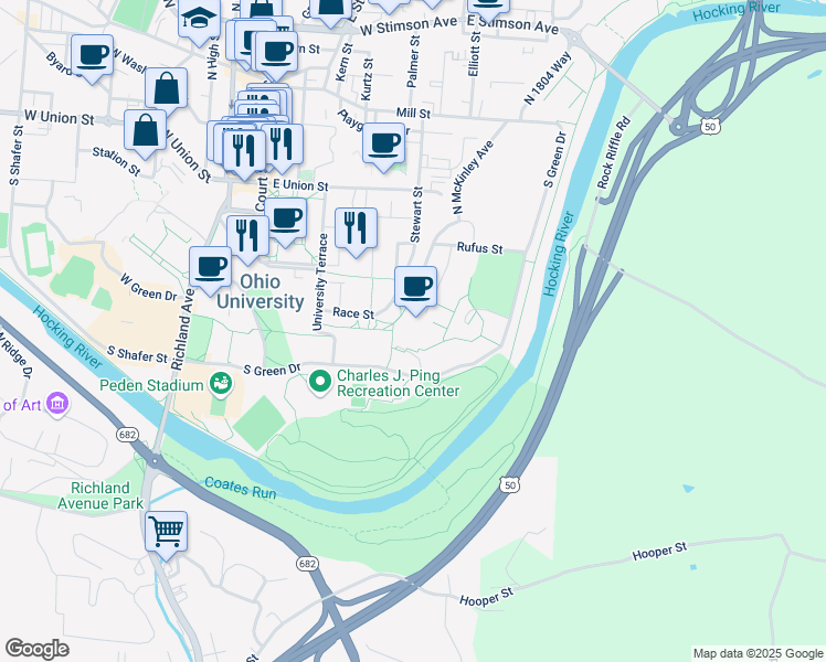 map of restaurants, bars, coffee shops, grocery stores, and more near 10 North McKinley Avenue in Athens