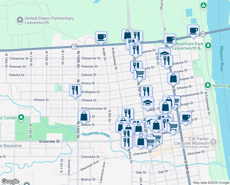 map of restaurants, bars, coffee shops, grocery stores, and more near 767 Kickapoo Street in Leavenworth