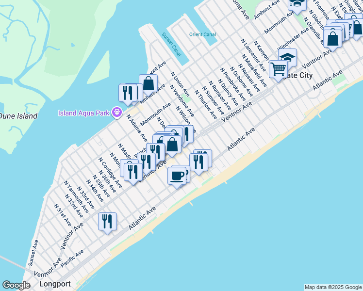 map of restaurants, bars, coffee shops, grocery stores, and more near 9201 Ventnor Avenue in Margate City