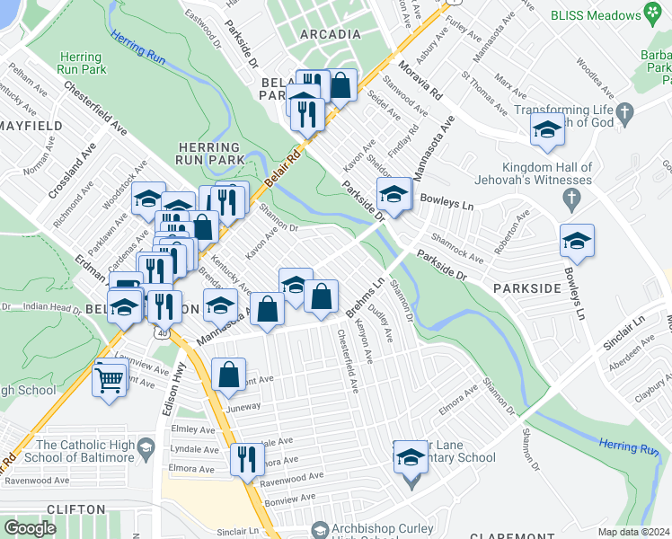 map of restaurants, bars, coffee shops, grocery stores, and more near 3318 Dudley Avenue in Baltimore