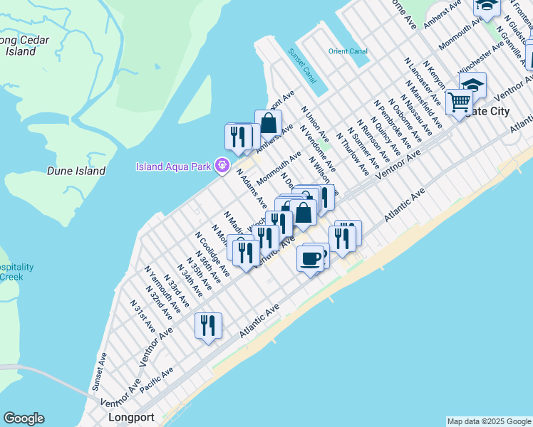 map of restaurants, bars, coffee shops, grocery stores, and more near 18 North Adams Avenue in Margate City