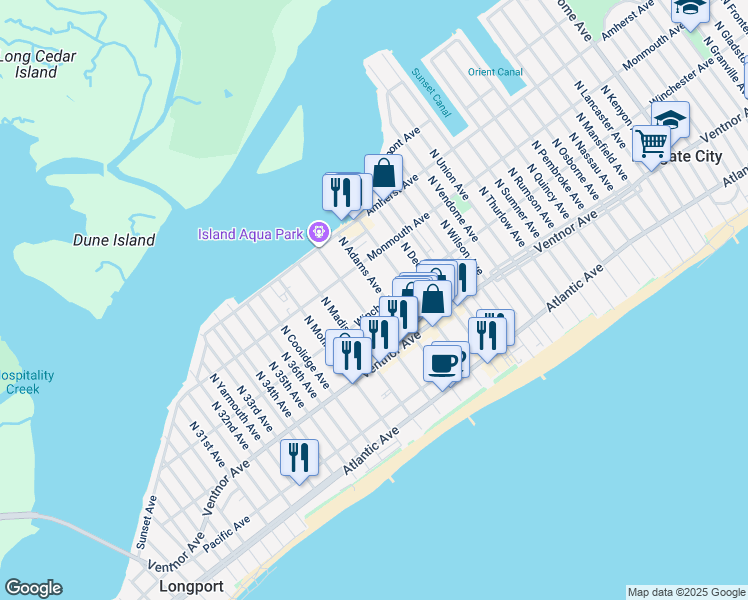 map of restaurants, bars, coffee shops, grocery stores, and more near 9505 Winchester Avenue in Margate City