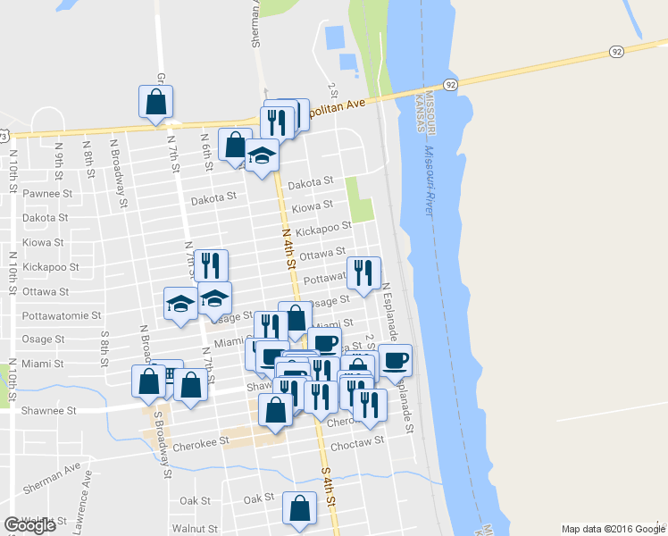 map of restaurants, bars, coffee shops, grocery stores, and more near 221 Pottawatomie Street in Leavenworth