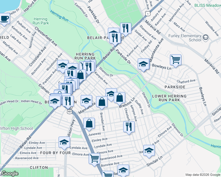 map of restaurants, bars, coffee shops, grocery stores, and more near 3225 Kenyon Avenue in Baltimore
