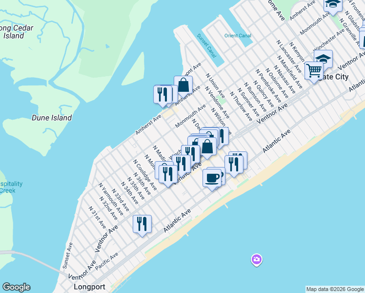 map of restaurants, bars, coffee shops, grocery stores, and more near 18 North Adams Avenue in Margate City