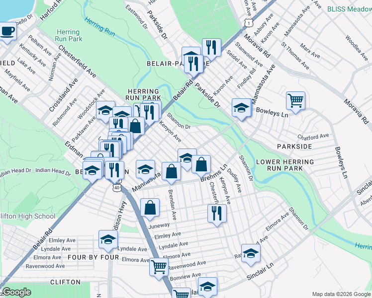 map of restaurants, bars, coffee shops, grocery stores, and more near 3225 Kenyon Avenue in Baltimore