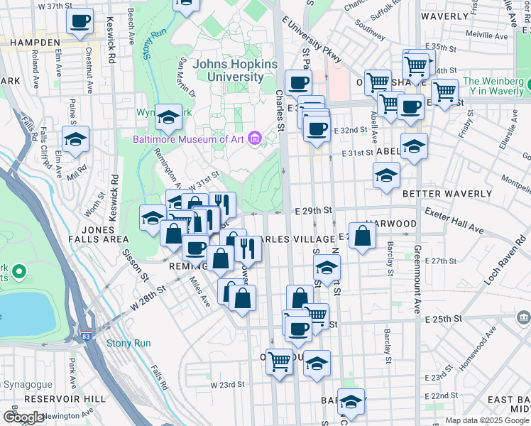 map of restaurants, bars, coffee shops, grocery stores, and more near 3810 Maryland Avenue in Baltimore