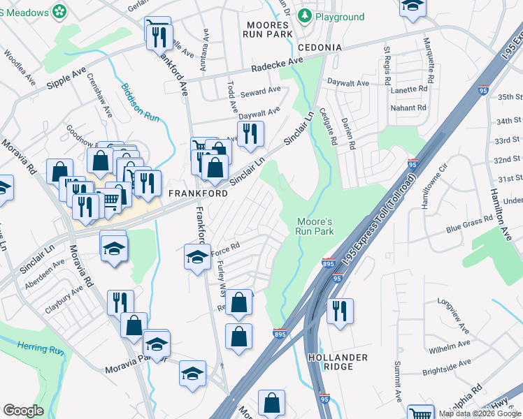 map of restaurants, bars, coffee shops, grocery stores, and more near 4832 Midline Road in Baltimore