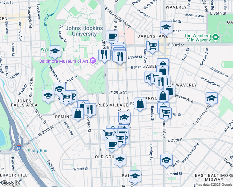 map of restaurants, bars, coffee shops, grocery stores, and more near 2844 Saint Paul Street in Baltimore