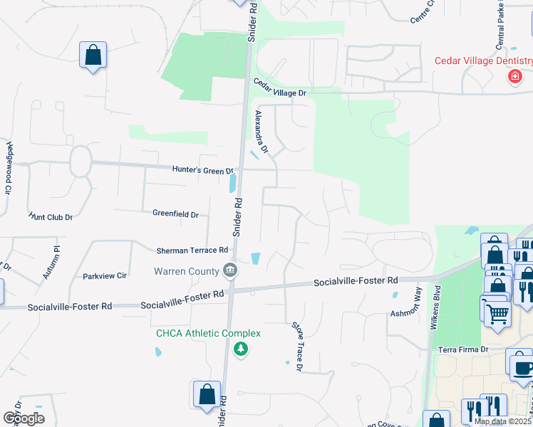 map of restaurants, bars, coffee shops, grocery stores, and more near 7960 Birchwood Court in Mason