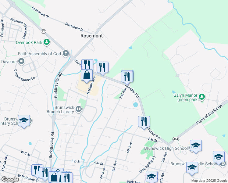 map of restaurants, bars, coffee shops, grocery stores, and more near 11 Concord Drive in Brunswick