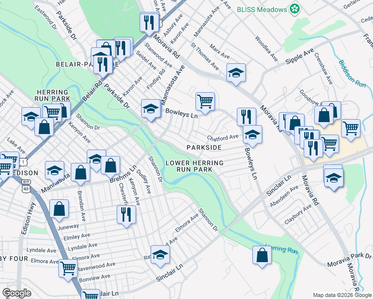 map of restaurants, bars, coffee shops, grocery stores, and more near 4614 Parkside Drive in Baltimore