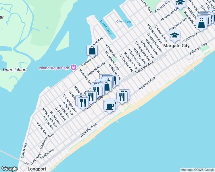 map of restaurants, bars, coffee shops, grocery stores, and more near 9223 Ventnor Avenue in Margate City