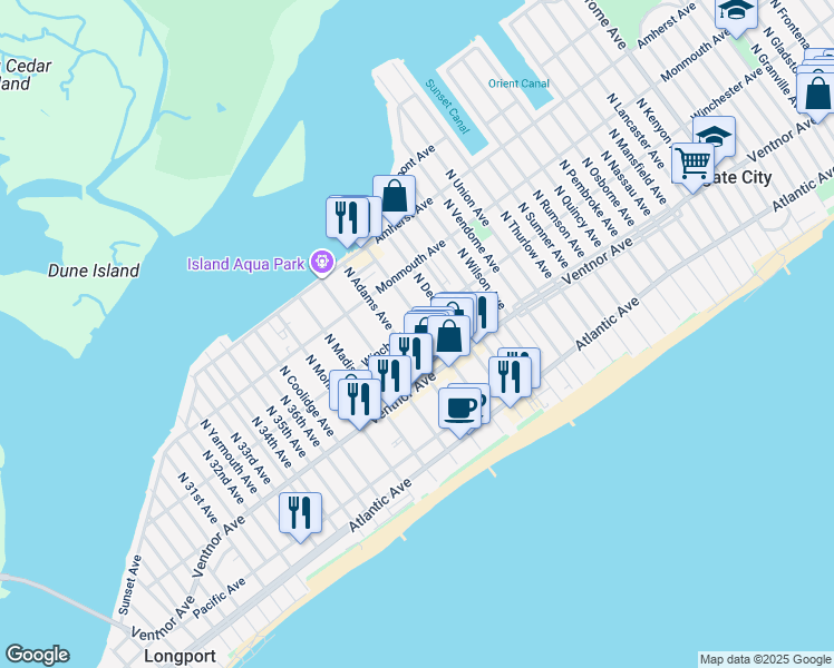 map of restaurants, bars, coffee shops, grocery stores, and more near 18 North Adams Avenue in Margate City