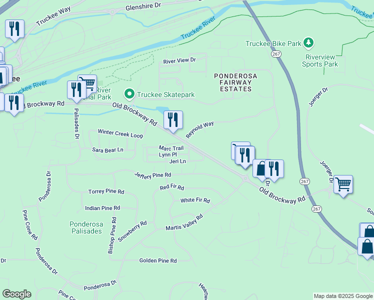 map of restaurants, bars, coffee shops, grocery stores, and more near 11070 Brockway Road in Truckee