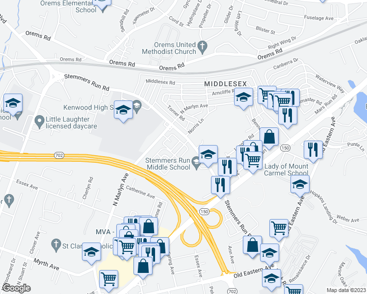 map of restaurants, bars, coffee shops, grocery stores, and more near 575 Welbrook Road in Essex