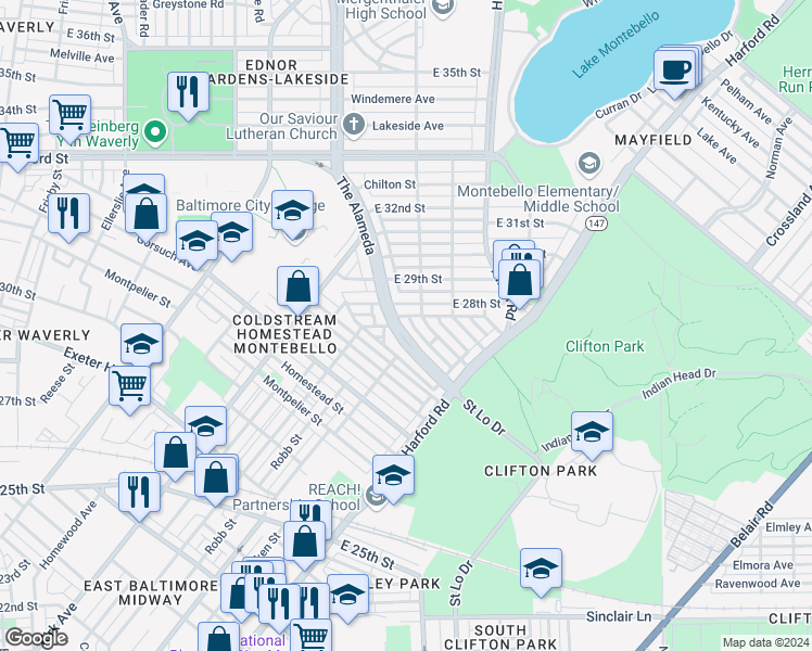 map of restaurants, bars, coffee shops, grocery stores, and more near 2793 1/2 The Alameda in Baltimore