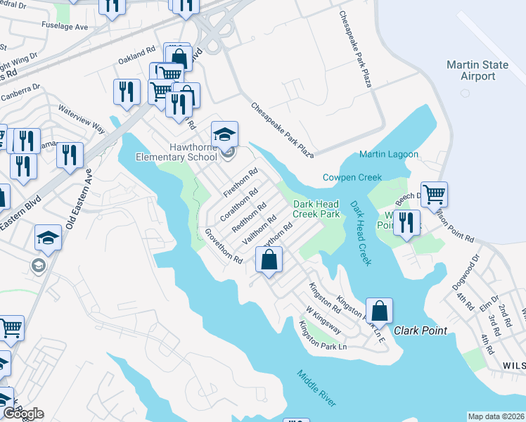 map of restaurants, bars, coffee shops, grocery stores, and more near 2204 Redthorn Road in Middle River