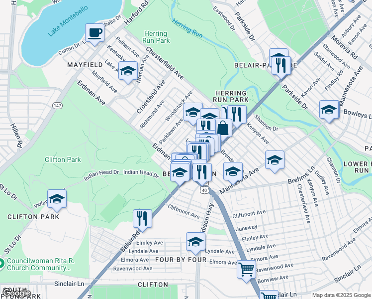 map of restaurants, bars, coffee shops, grocery stores, and more near 2824 Mayfield Avenue in Baltimore