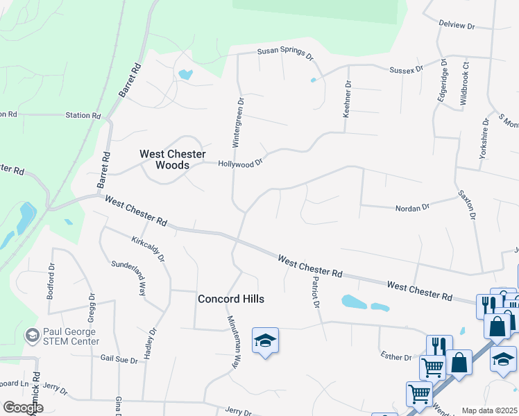 map of restaurants, bars, coffee shops, grocery stores, and more near 9062 Revere Run in West Chester