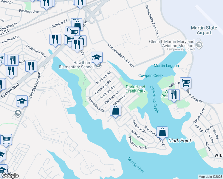 map of restaurants, bars, coffee shops, grocery stores, and more near 2204 Redthorn Road in Middle River