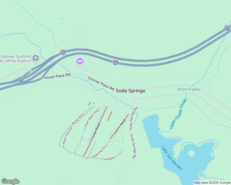 map of restaurants, bars, coffee shops, grocery stores, and more near 21586 Donner Pass Road in Soda Springs